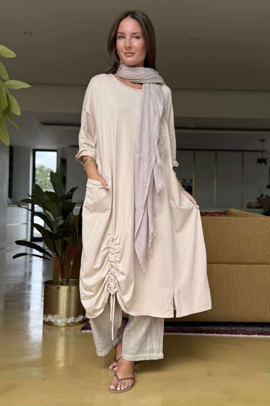 Made in Italy Cotton Jersey Hitch Cocoon Dress Stone /4 =